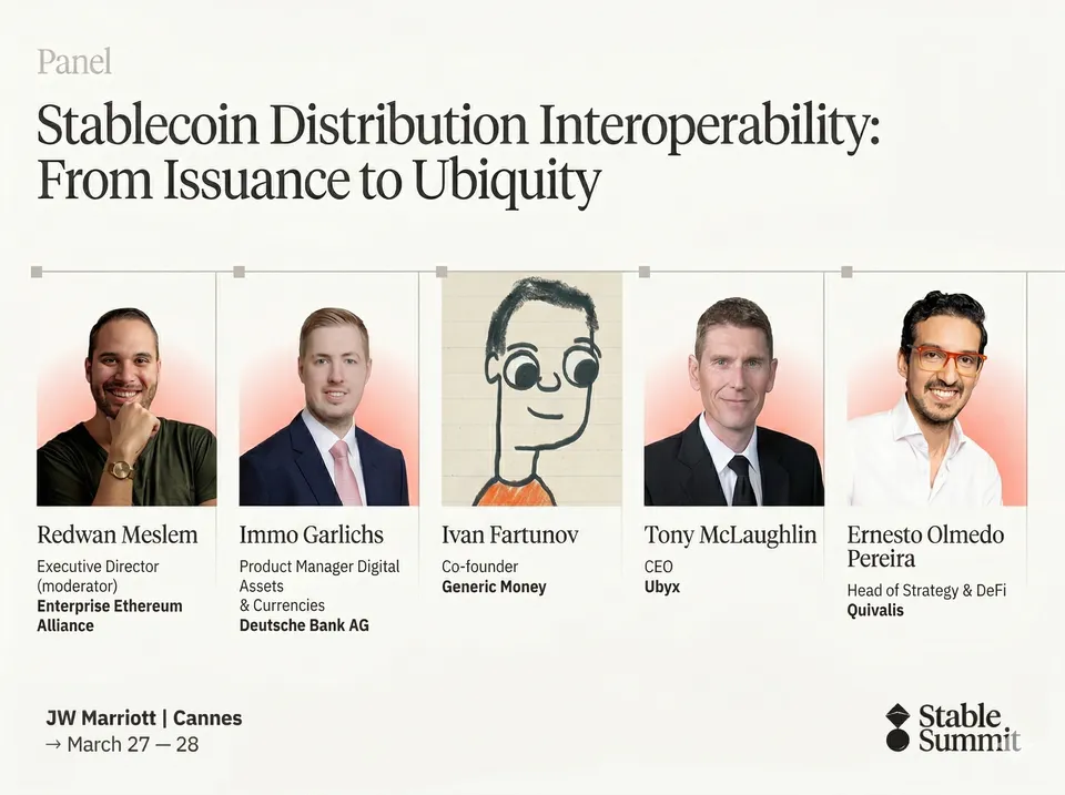 Artwork for Deutsche Bank, Ubyx and Qivalis on Global Stablecoins at Stable Summit Cannes