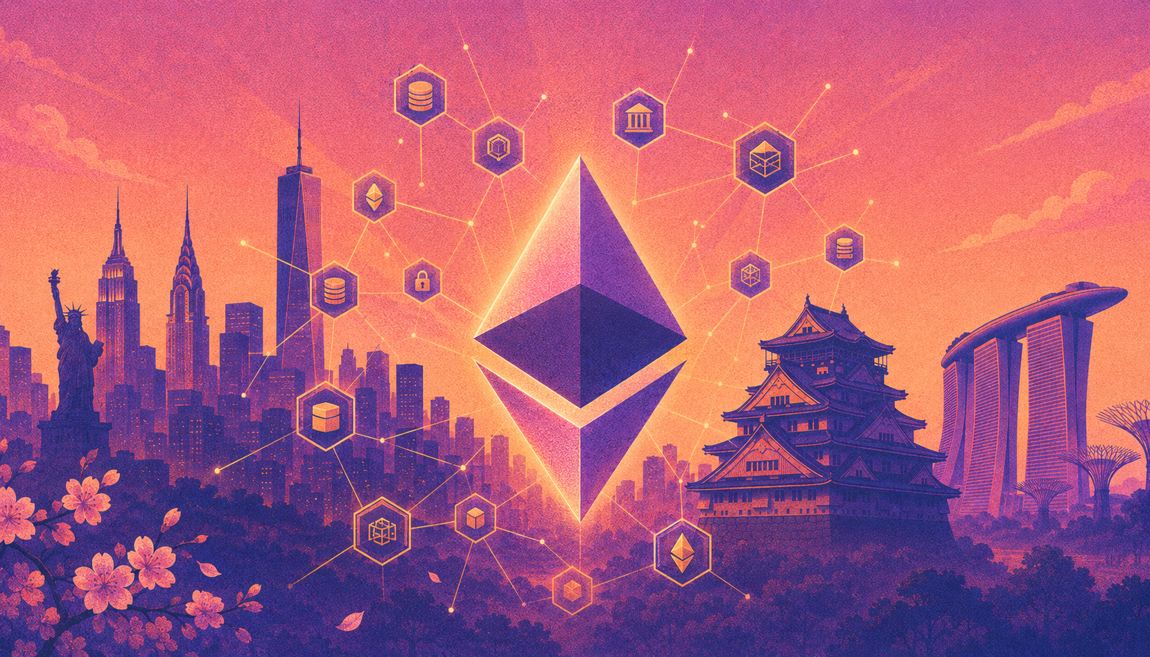 Ethereum symbol with city skyline backdrop